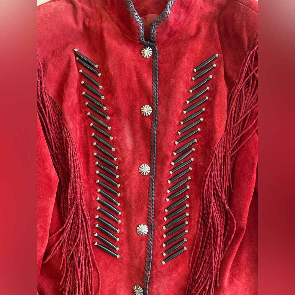 Cripple Creek Vintage 90s Red Leather Beaded Fringe Jacket Native Boho Bold XL - Picture 4 of 16